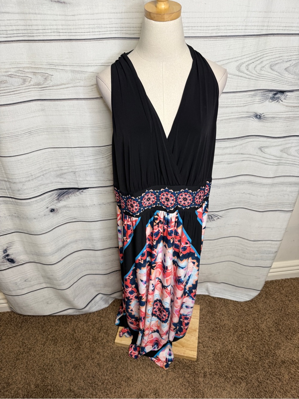 London Style Black Maxi Dress with Pink and Blue Floral Accents